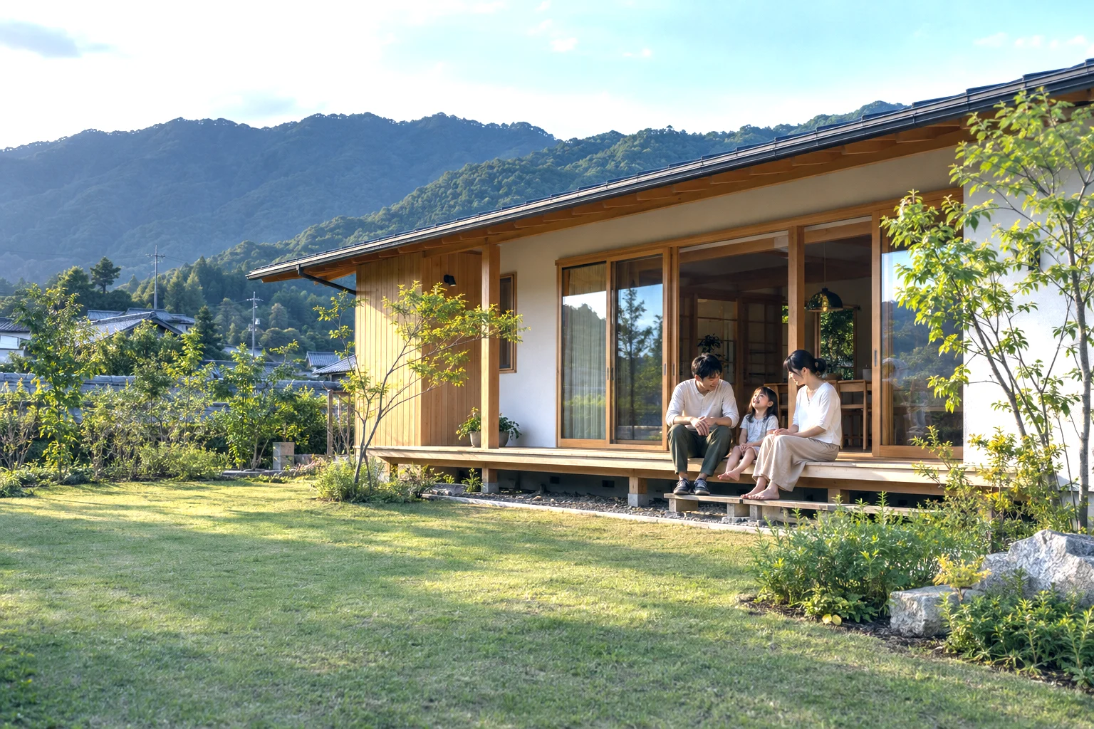 地元の木で建てた平屋の縁側に座る家族