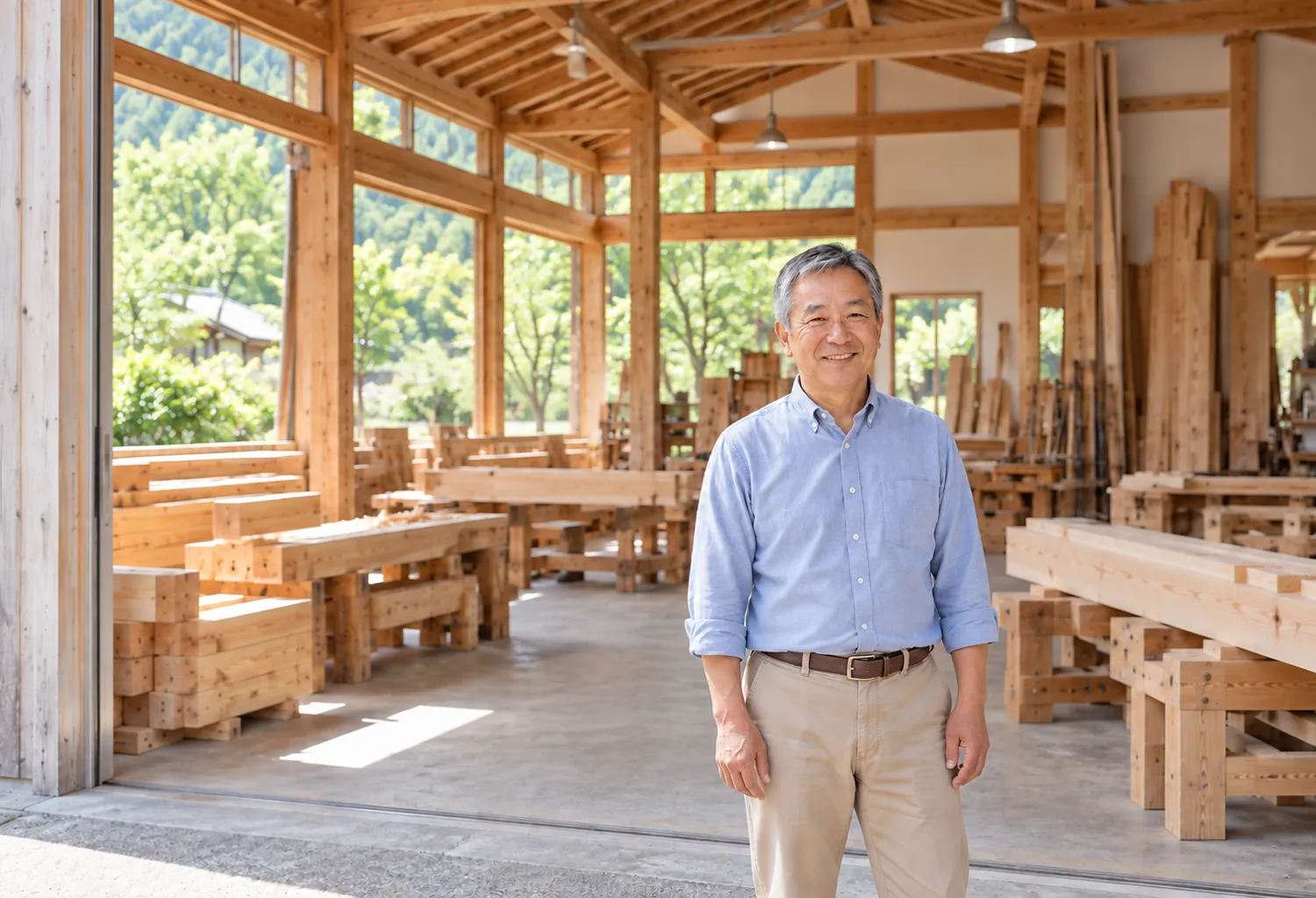 作業場の入口に立つ社長