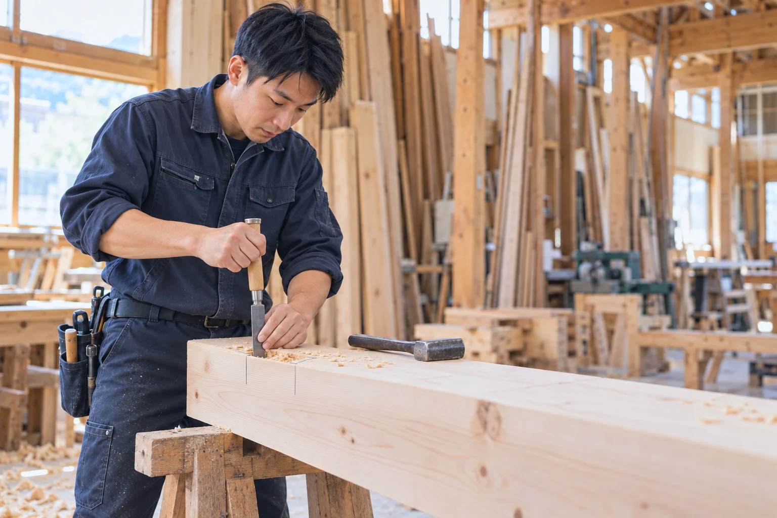 作業場で木を刻む大工